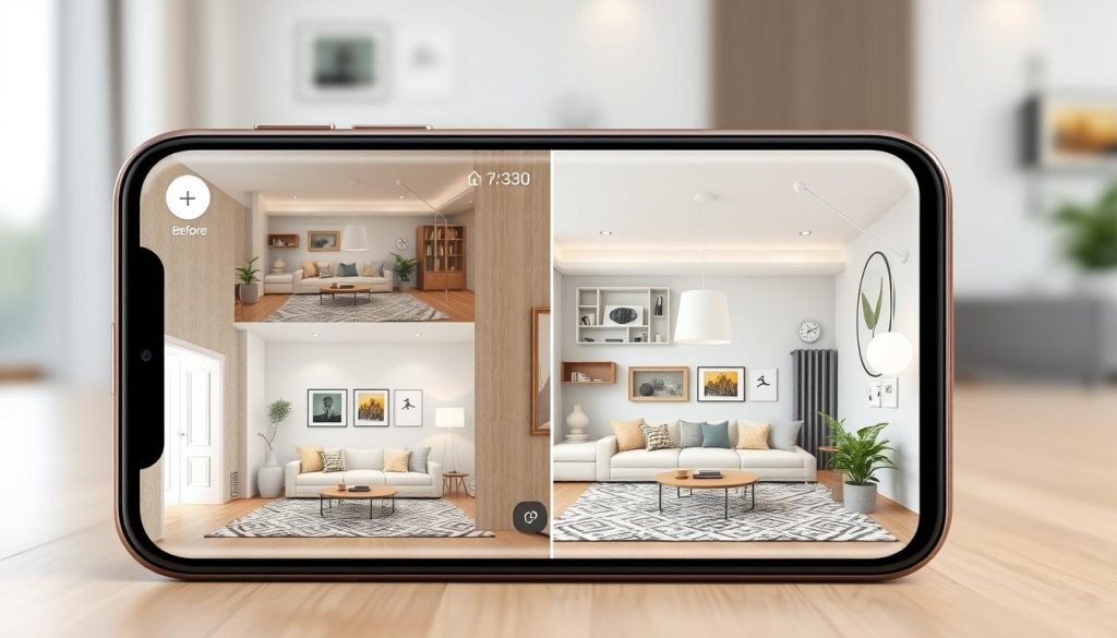 3D rendered apartment decor visualization app interface showing before and after comparison 3D rendered apartment decor visualization app interface showing before and after comparison