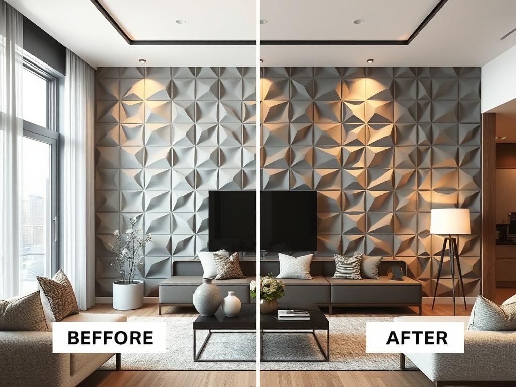 3D rendered apartment with 3D geometric wall panels 3D rendered apartment with 3D geometric wall panels