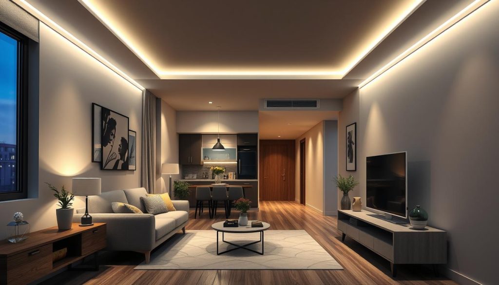 3D rendered apartment with LED strip lighting creating depth illusion 3D rendered apartment with LED strip lighting creating depth illusion