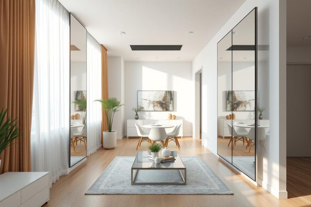 3D rendered apartment with strategically placed mirrors creating depth illusion 3D rendered apartment with strategically placed mirrors creating depth illusion