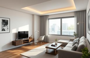 3D rendered floating desk that converts to dining table in modern apartment