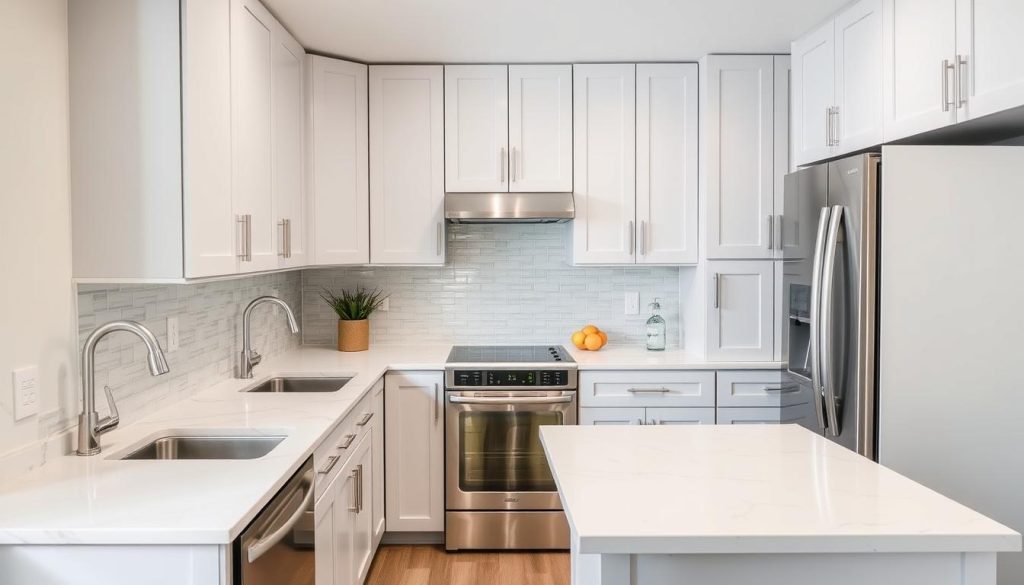 Apartment kitchen with quartz countertops and light-colored cabinetry Apartment kitchen with quartz countertops and light-colored cabinetry