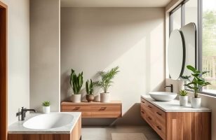 Bathroom decor featuring natural elements like wood accents and plants
