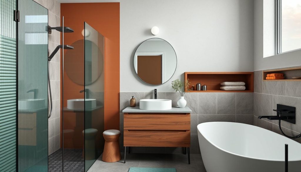Bathroom showcasing 2024 color trends with earthy tones and rich textures