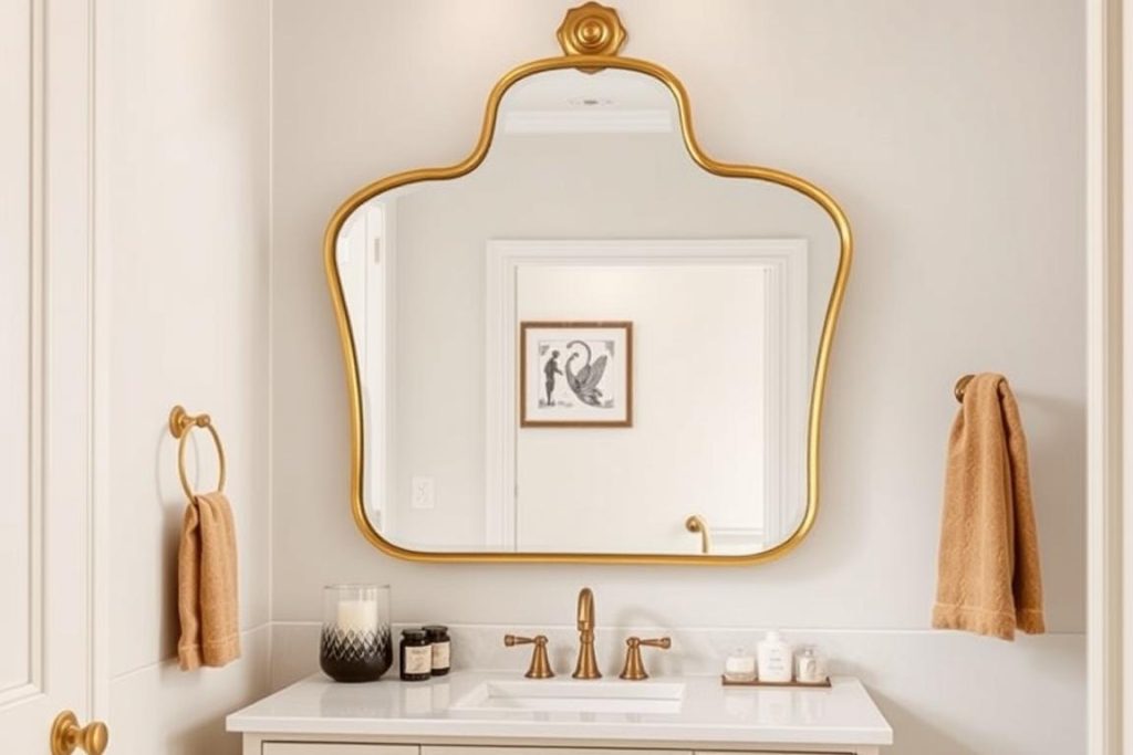 Bathroom with an artistic statement mirror as the focal point