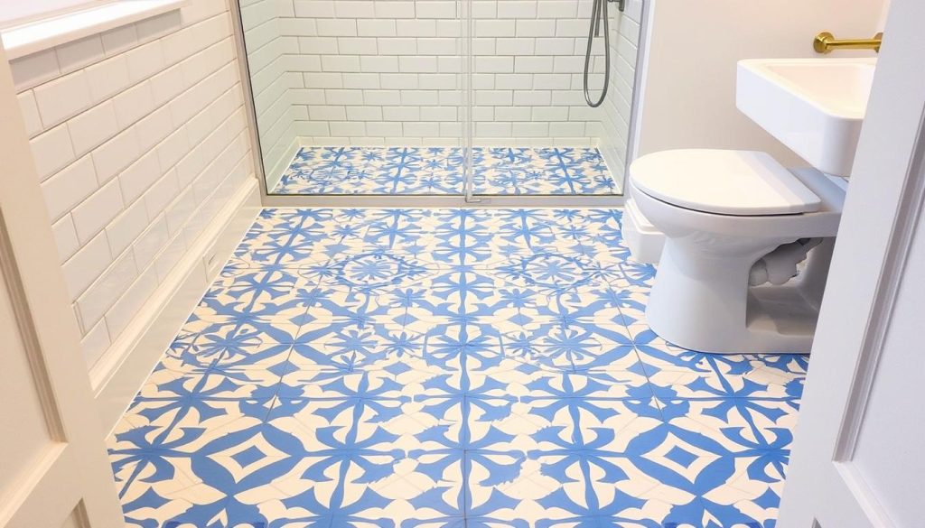 Bathroom with bold geometric tile pattern on floor and shower wall