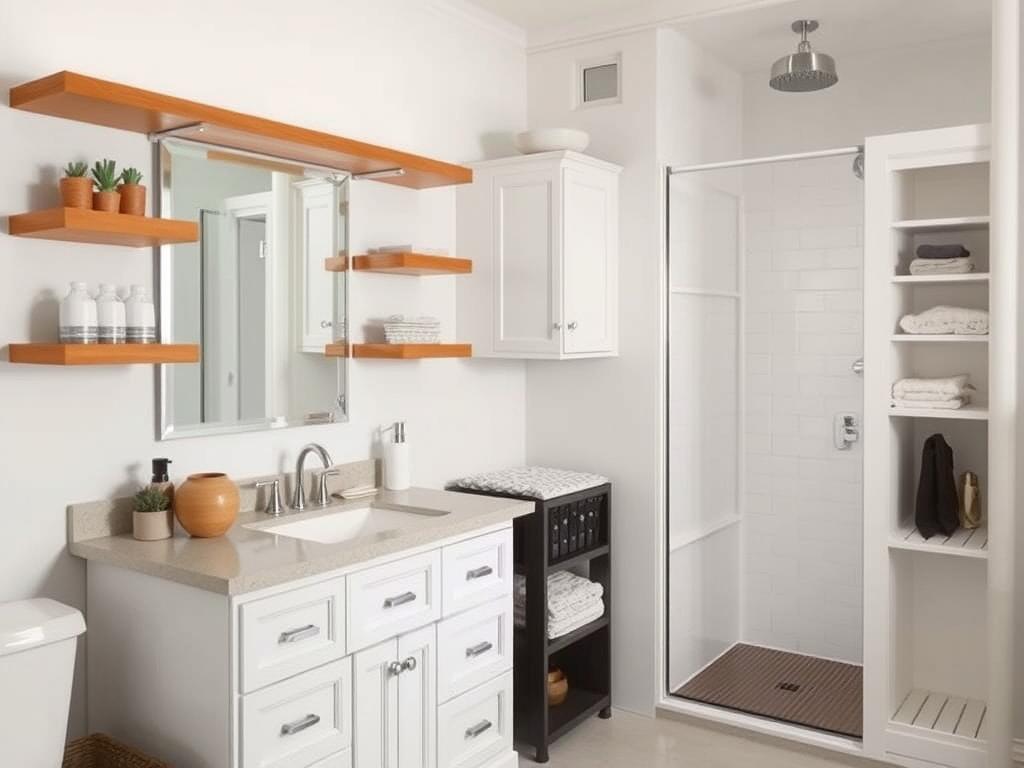 Bathroom with innovative storage solutions including floating shelves and hidden cabinets