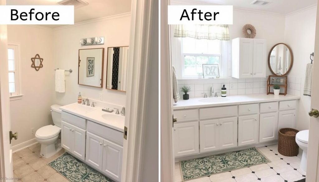 Before and after of a DIY bathroom makeover showing simple budget-friendly changes