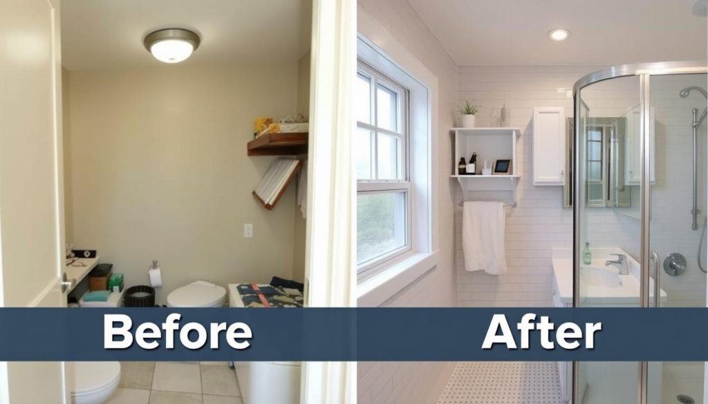 Before and after of a small bathroom transformation with smart storage solutions