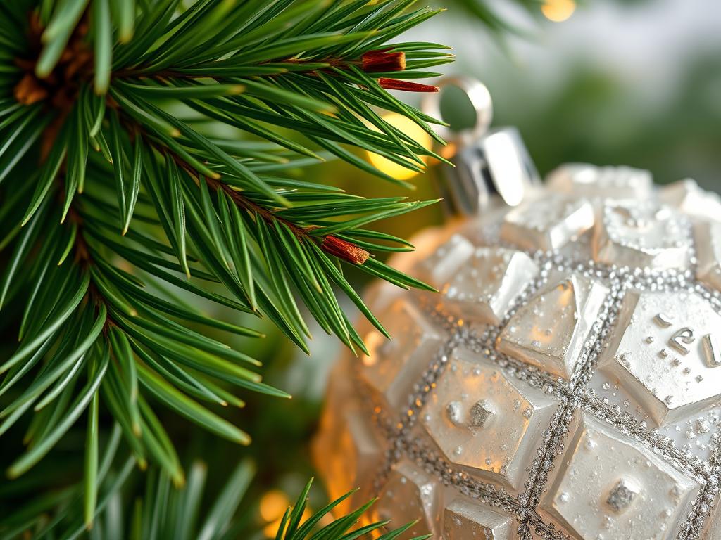 Close-up of hyper-realistic Christmas tree needles and ornaments with textured elements Close-up of hyper-realistic Christmas tree needles and ornaments with textured elements