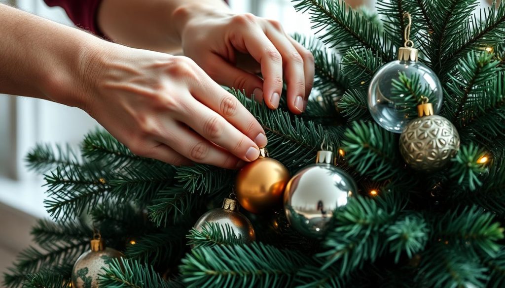 Close-up of professional arranging hyper-realistic Christmas decorations with attention to detail Close-up of professional arranging hyper-realistic Christmas decorations with attention to detail