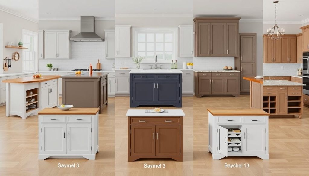 Comparison of different kitchen islands with cabinets showing various styles and features Comparison of different kitchen islands with cabinets showing various styles and features