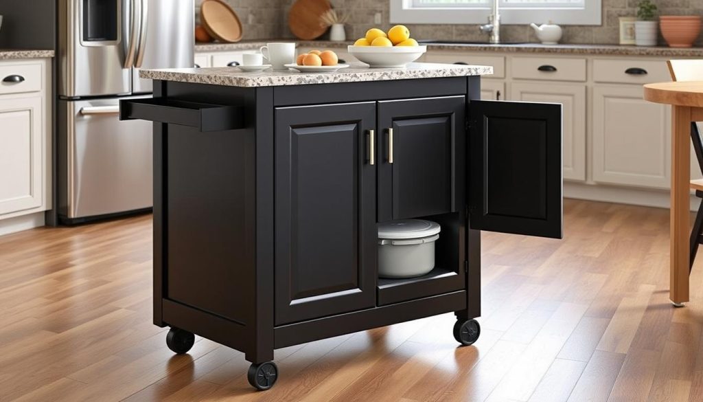 Crosley Furniture Rolling Kitchen Island with black cabinets and granite top Crosley Furniture Rolling Kitchen Island with black cabinets and granite top