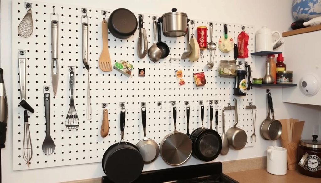DIY pegboard storage system in an apartment kitchen DIY pegboard storage system in an apartment kitchen