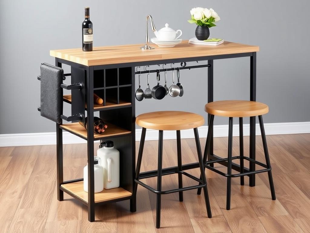 HOMECHO Kitchen Island with two stools and wine rack HOMECHO Kitchen Island with two stools and wine rack
