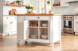 Homestyles Liberty Kitchen Island with Wood Top featuring white cabinets and a natural wood countertop