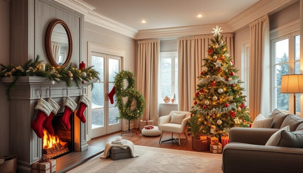 Hyper-realistic Christmas living room with fireplace mantle decorated with garland and stockings Hyper-realistic Christmas living room with fireplace mantle decorated with garland and stockings
