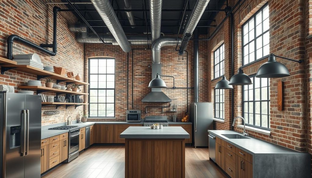 Industrial kitchen decor with exposed brick and metal elements Industrial kitchen decor with exposed brick and metal elements