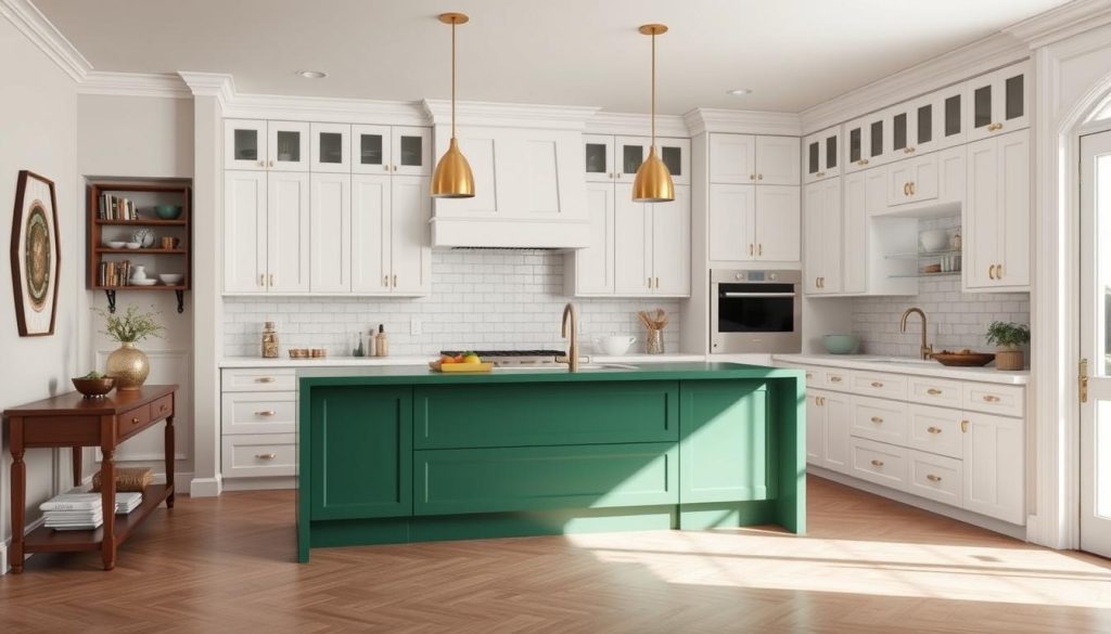 Kitchen with bold accent color against neutral background Kitchen with bold accent color against neutral background