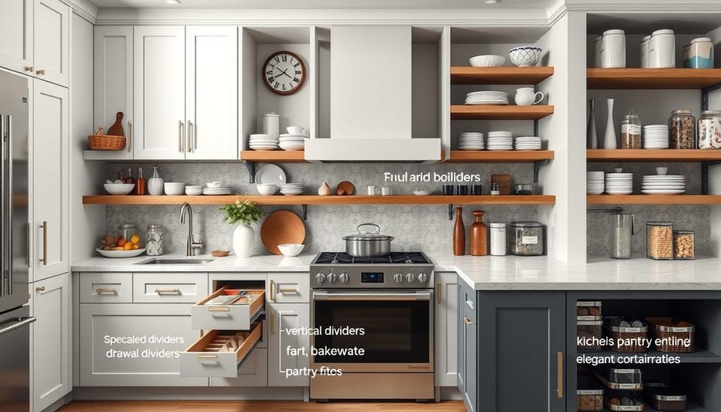 Kitchen with combination of closed storage and open display shelving Kitchen with combination of closed storage and open display shelving