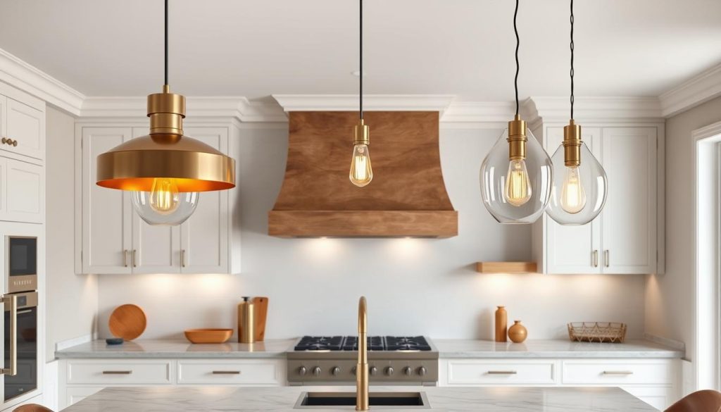 Kitchen with dramatic pendant lights as focal point over island Kitchen with dramatic pendant lights as focal point over island