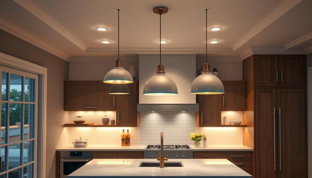 Kitchen with layered lighting including pendant lights, under-cabinet lighting, and recessed fixtures Kitchen with layered lighting including pendant lights, under-cabinet lighting, and recessed fixtures