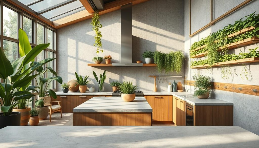 Kitchen with natural elements including plants and sustainable materials Kitchen with natural elements including plants and sustainable materials