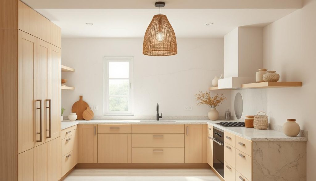 Kitchen with neutral color scheme and textural elements Kitchen with neutral color scheme and textural elements