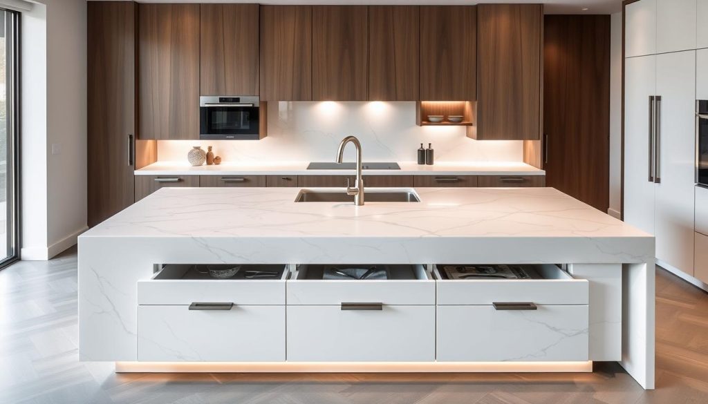KitchenCraft Luxe Marble Waterfall Kitchen Island with cascading white marble sides KitchenCraft Luxe Marble Waterfall Kitchen Island with cascading white marble sides