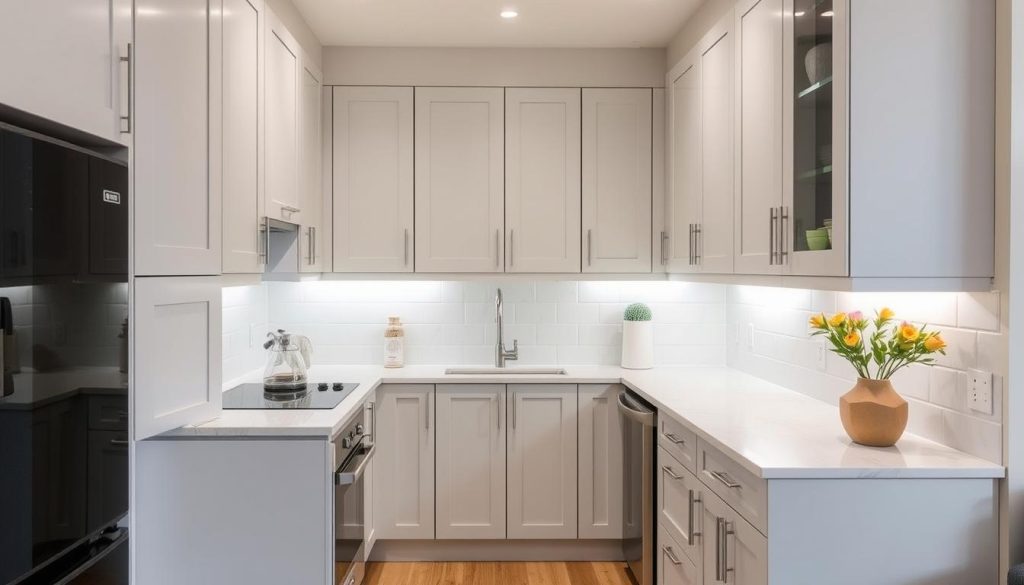 L-shaped kitchen design with light-colored cabinets and small breakfast nook in an apartment L-shaped kitchen design with light-colored cabinets and small breakfast nook in an apartment
