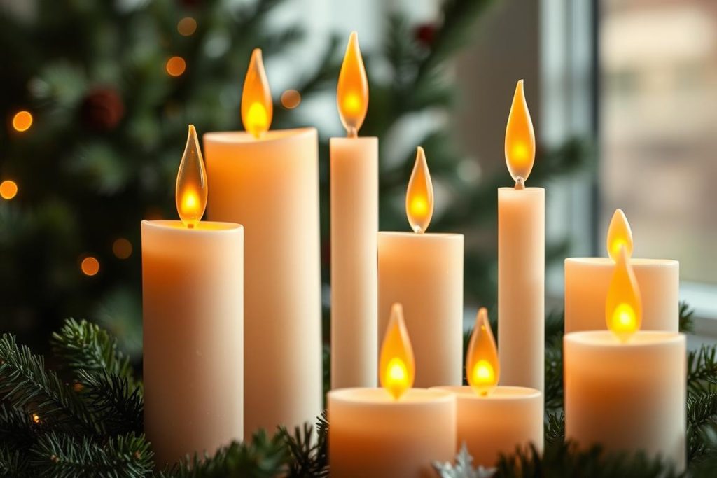 LED candles with realistic flame effects creating warm ambiance in Christmas decor LED candles with realistic flame effects creating warm ambiance in Christmas decor