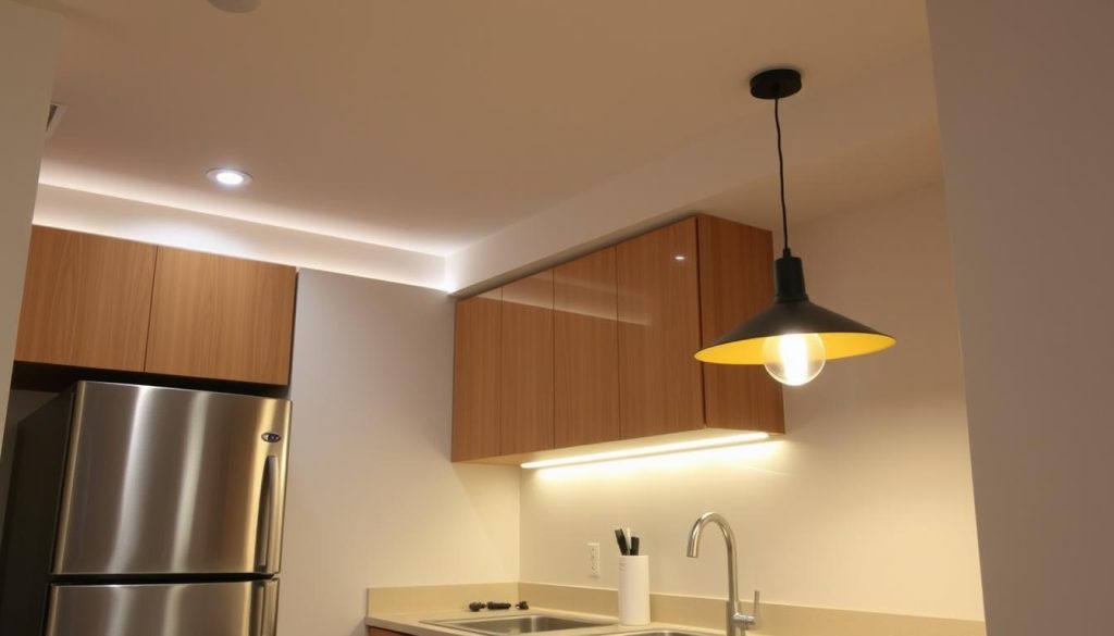 Layered lighting in a small apartment kitchen Layered lighting in a small apartment kitchen