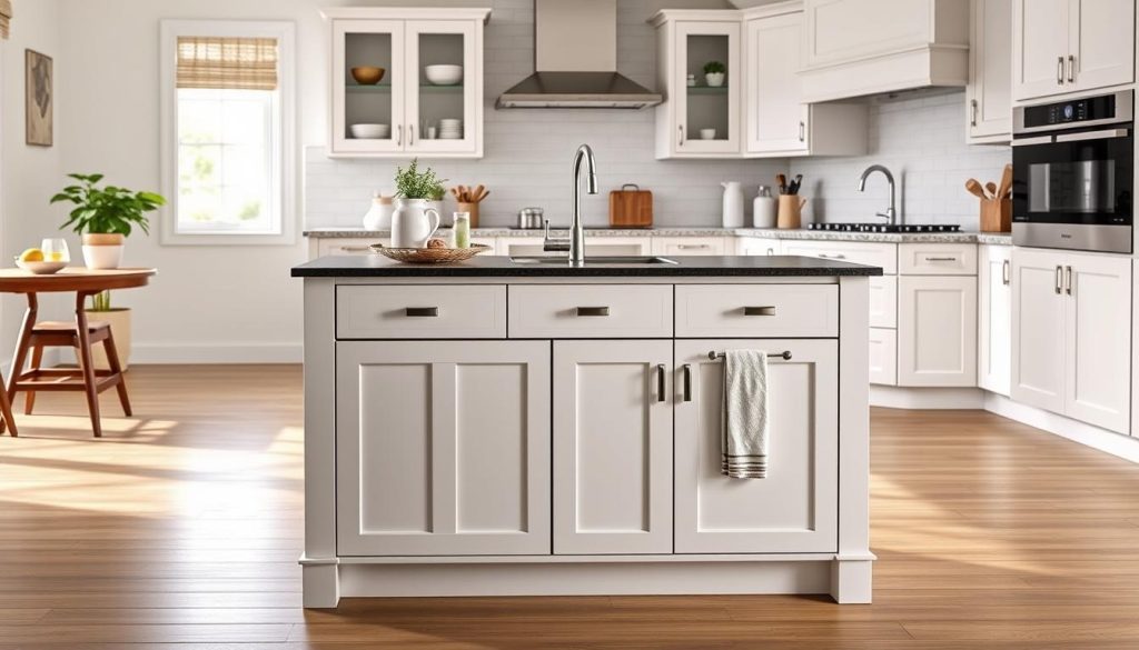 Linon Kitchen Island with white cabinets and granite top featuring spice rack and towel bar Linon Kitchen Island with white cabinets and granite top featuring spice rack and towel bar