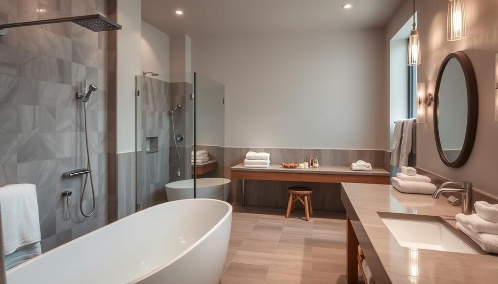 Luxury bathroom with spa-inspired features like a soaking tub and steam shower