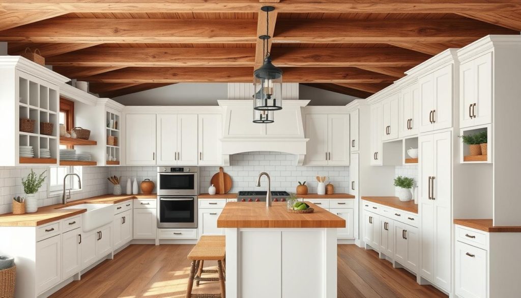 Modern farmhouse kitchen with white cabinets and wooden accents Modern farmhouse kitchen with white cabinets and wooden accents