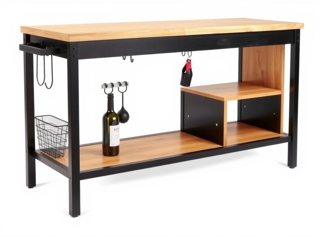 Mr IRONSTONE Kitchen Island with wine rack, metal frame, and wooden top Mr IRONSTONE Kitchen Island with wine rack, metal frame, and wooden top