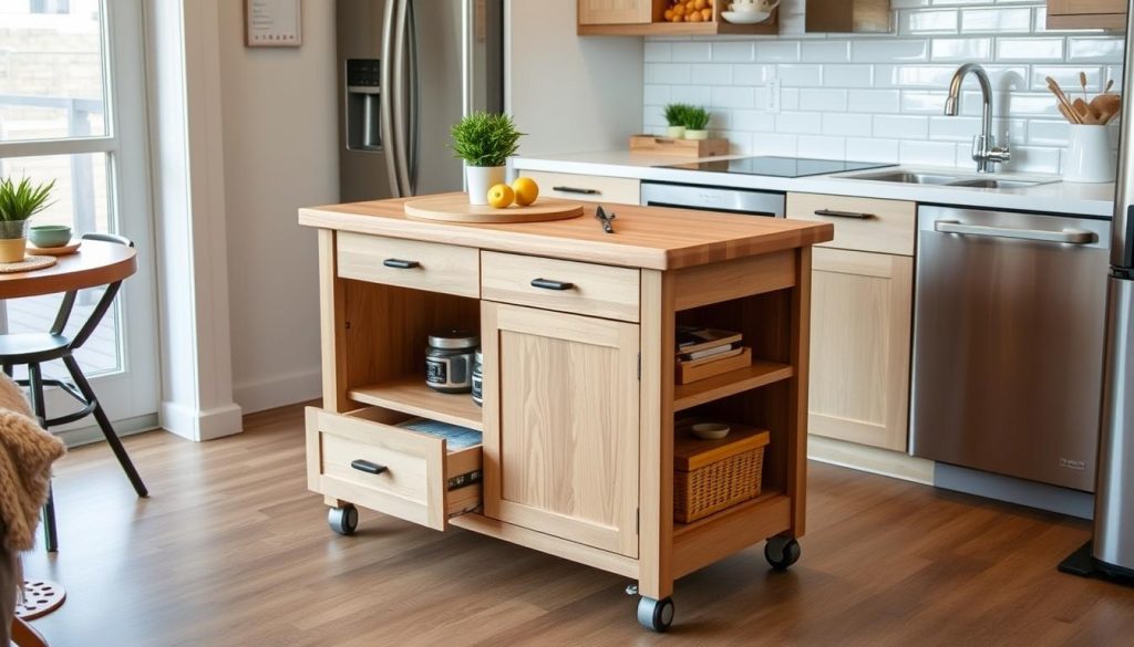 Multi-functional kitchen island with storage in a small apartment Multi-functional kitchen island with storage in a small apartment