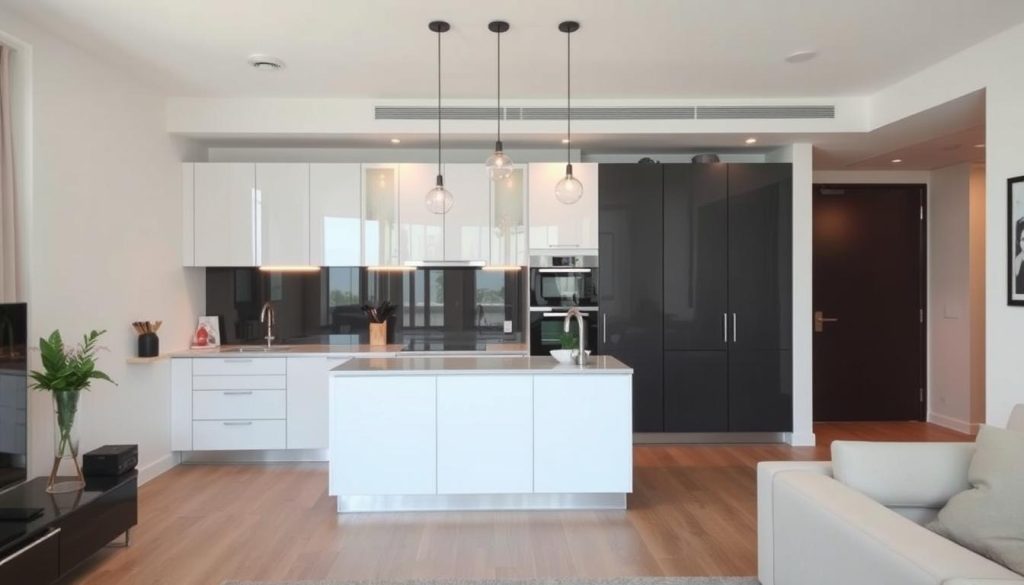 Open-concept kitchen with island in a modern apartment Open-concept kitchen with island in a modern apartment