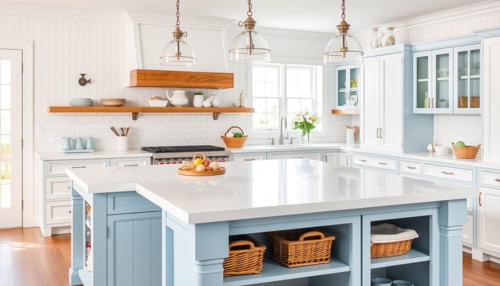 SeaSide Kitchens Coastal Breeze Kitchen Island with light blue finish and beachy details SeaSide Kitchens Coastal Breeze Kitchen Island with light blue finish and beachy details