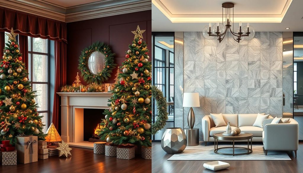 Side-by-side comparison of traditional red/green and modern metallic/neutral Christmas color schemes Side-by-side comparison of traditional red/green and modern metallic/neutral Christmas color schemes