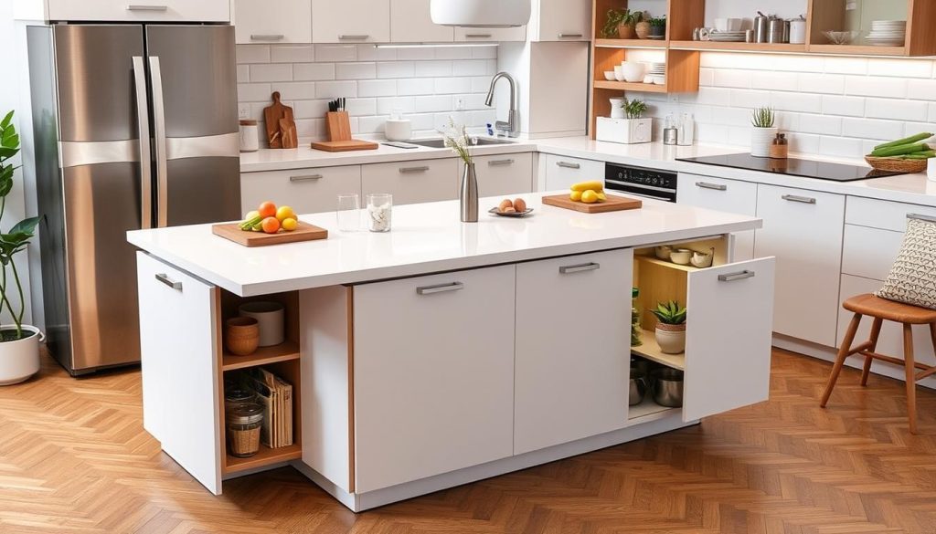 SpaceSaver Compact Transformer Kitchen Island with expandable surfaces and hidden storage SpaceSaver Compact Transformer Kitchen Island with expandable surfaces and hidden storage