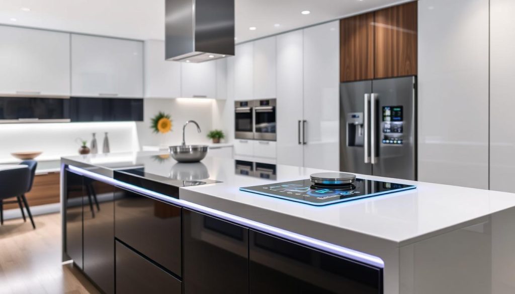 TechKitchen SmartHub Integrated Tech Kitchen Island with touchscreen controls and smart appliances TechKitchen SmartHub Integrated Tech Kitchen Island with touchscreen controls and smart appliances