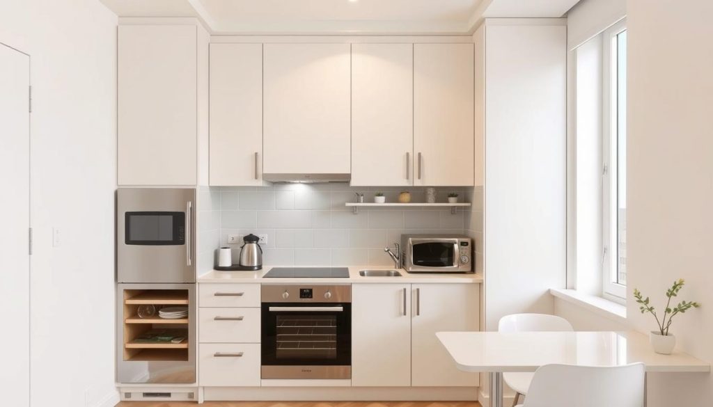 U-shaped kitchen with peninsula in a compact apartment space U-shaped kitchen with peninsula in a compact apartment space