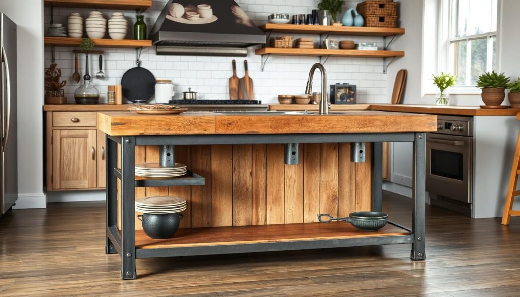 UrbanForge Industrial Loft Kitchen Island with metal frame and reclaimed wood UrbanForge Industrial Loft Kitchen Island with metal frame and reclaimed wood