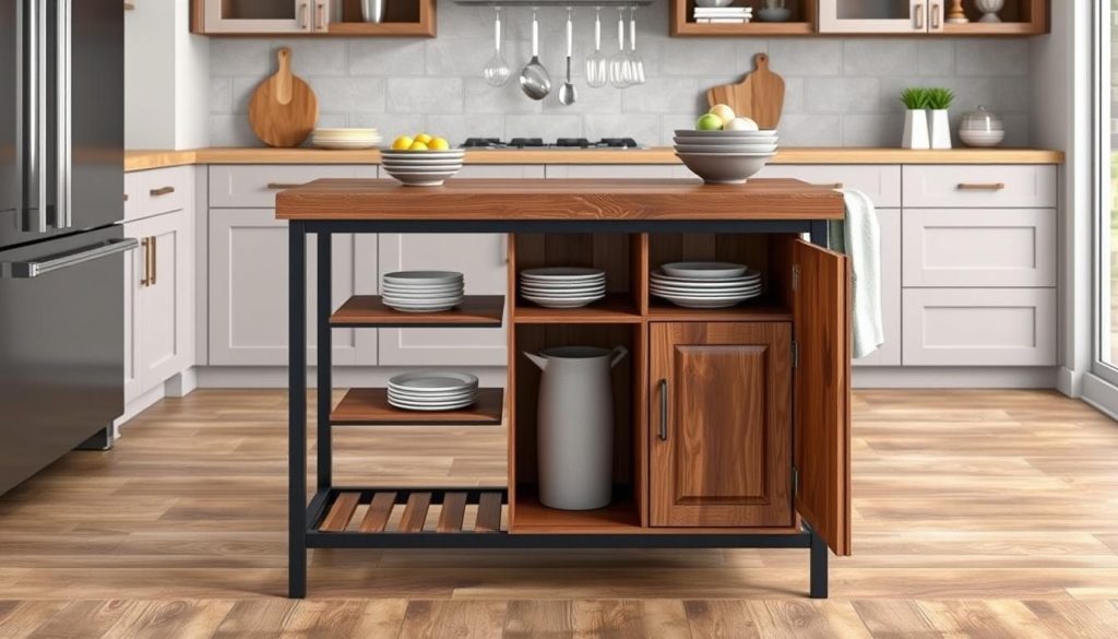 VASAGLE Kitchen Island with rustic brown top and black metal frame featuring open shelves and cabinets VASAGLE Kitchen Island with rustic brown top and black metal frame featuring open shelves and cabinets