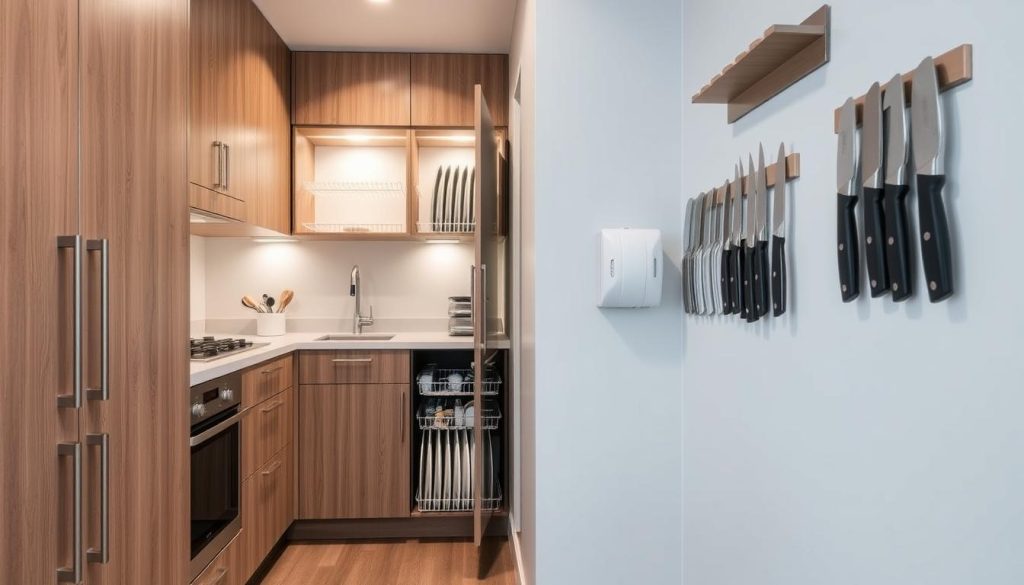 Vertical storage solutions in a compact apartment kitchen Vertical storage solutions in a compact apartment kitchen