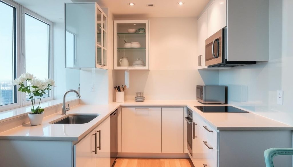 Visual space-enhancing tricks in a small apartment kitchen Visual space-enhancing tricks in a small apartment kitchen