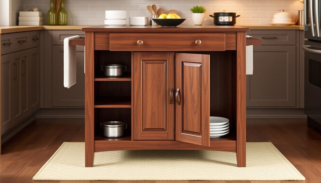 Winsome Wood Kitchen Island with walnut finish featuring drop leaf extension and open shelving Winsome Wood Kitchen Island with walnut finish featuring drop leaf extension and open shelving
